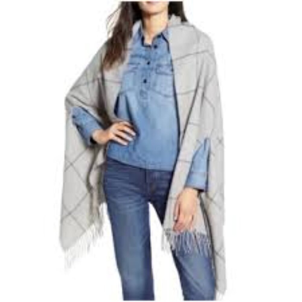 ✅ NWT Madewell Windowpane Scarf Cape GREY/DARK GREY ONE SIZE